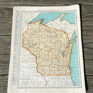 Vintage Wisconsin Map State Wall Art, 1939 Atlas Page Travel Decor
