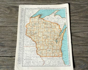 Vintage Wisconsin Map State Wall Art, 1939 Atlas Page Travel Decor