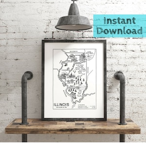 illinois Karte druckbare DIGITALE Kunst, sofortiger DOWNLOAD 1950er Jahre Wandkunst