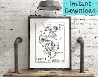 Illinois kaart digitale afdrukbare kunst, instant DOWNLOAD jaren 1950 staat muurkunst