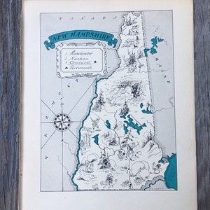Mapa vintage de New Hampshire, arte de parede de viagem dos anos 1930, ilustração de mapa antigo