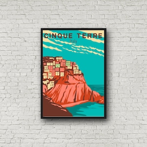 Cinque Terre Print Travel Poster, Vintage Style Italy Art