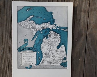 Vintage Michigan Map Art, 1930s Map Art, Great Lakes State Wall Decor