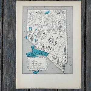 Nevada Map Art, Vintage Map Illustration from the 1930s, Nevada Gift