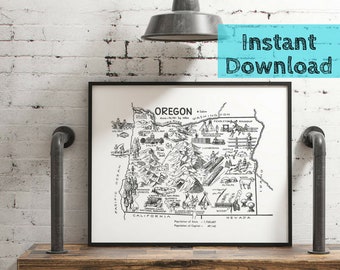 Oregon Map DIGITAL Printable Art, 1950s Oregon State Print, Travel Decor Instant DOWNLOAD