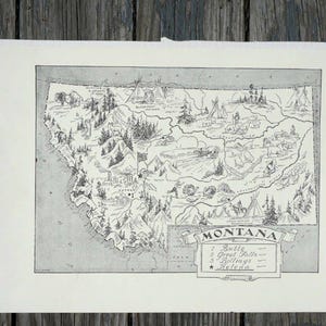 Montana Map State Wall Art, 1950s Book Page Vintage Home Decor