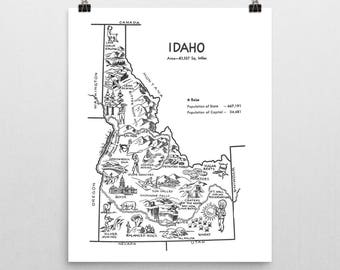 Idaho Map State Wall Art, Vintage Travel Print