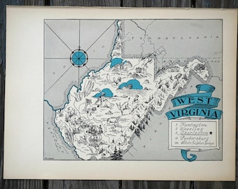 Antique West Virginia Map from the 1930s, Rustic State Wall Decor