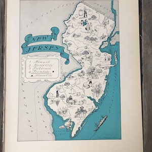 Arte de mapa de Nueva Jersey, decoración de pared vintage de la década de 1930, ilustración de mapa antiguo