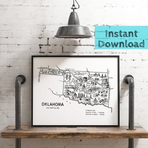 Mapa de Oklahoma (mapa digital imprimible), arte mural estatal de la década de 1950, descarga instantánea