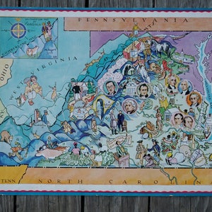 Carte antique de Virginie des années 1930, décor de voyage vintage