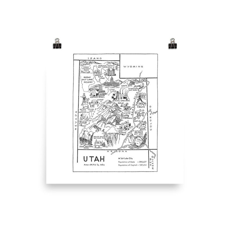 Utah Map Print Instant DOWNLOAD, State of Utah DIGITAL Print from 1950s image 3