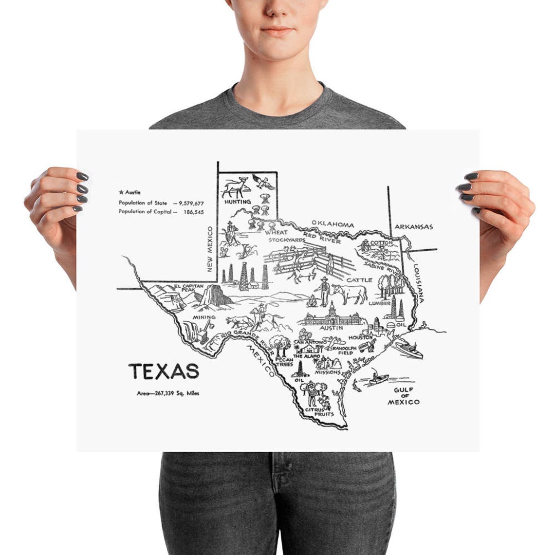 Texas Map State Wall Art Texas Print Vintage Texas Decor | Etsy
