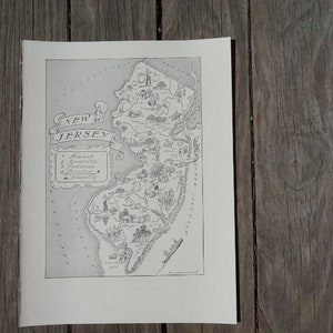 Vintage New Jersey Map from a 1950s Book, Travel Decor State Wall Art