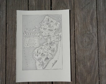 Vintage New Jersey Map from a 1950s Book, Travel Decor State Wall Art