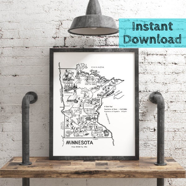 Mapa de Minnesota para imprimir digitalmente, arte mural estatal de la década de 1950, descarga instantánea