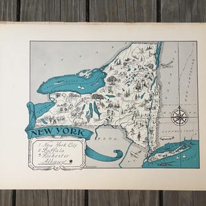 Vintage New York Map Art, New York State Karte Wanddekoration aus den 1930er Jahren