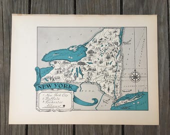 Vintage New York Map Art, New York State Map Wall Decor from the 1930s