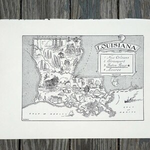 Carte de la Louisiane des années 1950, page de livre vintage State Decor