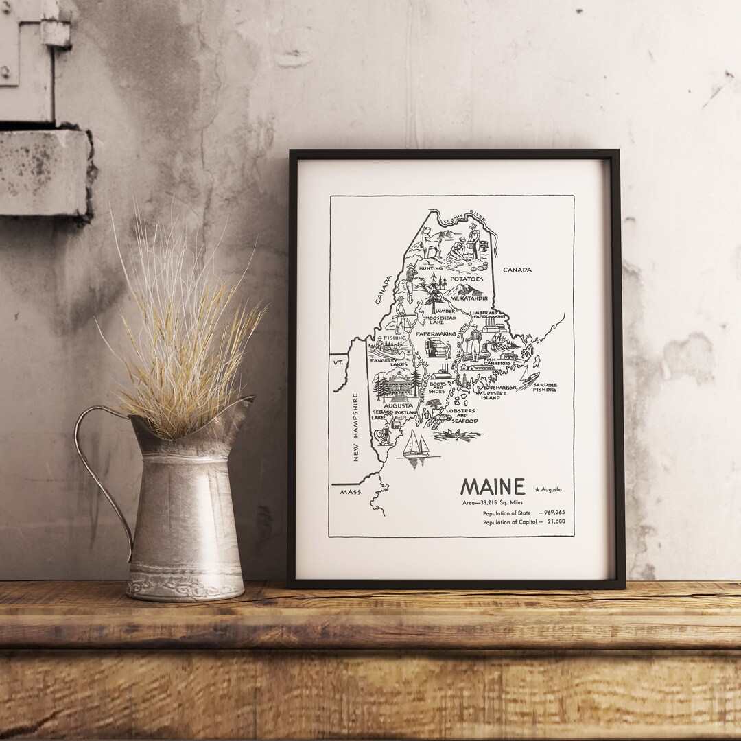 Maine Print State Wall Art Maine Poster Travel Art Vintage Etsy