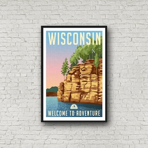 Wisconsin Poster Travel Print, Vintage Style Wisconsin Art
