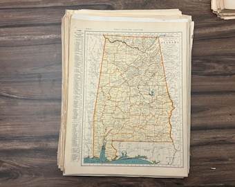 Antique Alabama Map from Atlas, 1939 State Art Gift