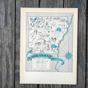 Antique Arkansas Map, 1930s Book Page Rustic Wall Decor