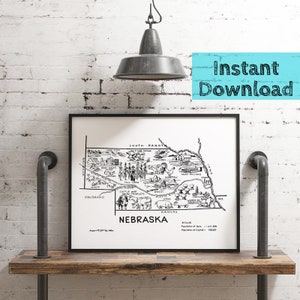 Art numérique imprimable de carte du Nebraska, TÉLÉCHARGEMENT instantané d'art mural d'état des années 1950