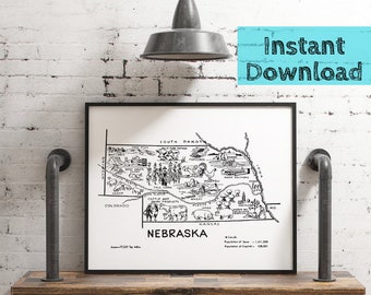 Nebraska Map Printable DIGITAL Art, 1950s State Wall Art Instant DOWNLOAD