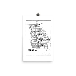 May include: A black and white line drawing map of the state of Georgia. The map is filled with illustrations of various industries and products associated with the state, such as peaches, cotton, and lumber. The map includes the state's name, area, population, and capital city.
