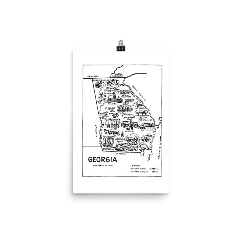 May include: A black and white line drawing map of the state of Georgia. The map is filled with illustrations of various industries and products associated with the state, such as peaches, cotton, and lumber. The map includes the state's name, area, population, and capital city.