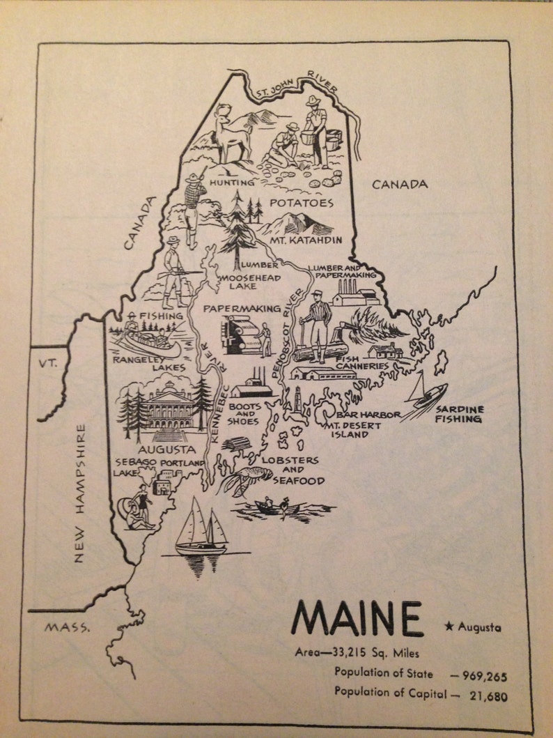 Maine Map Coloring Book Page / Old Map Illustration State Wall | Etsy