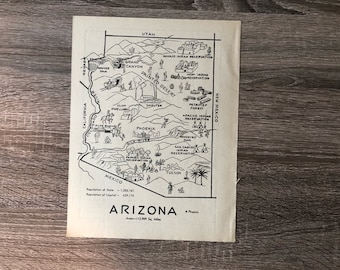 Vintage Arizona Map from a 1950s Coloring Book, State Home Decor Arizona Gift