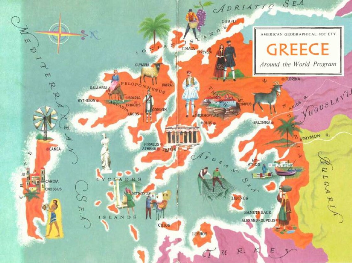 Greece Map Art / Old Map of Greece Wall Art / Greek Islands Etsy