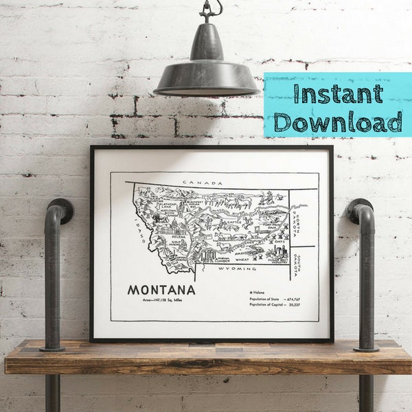 Montana Map Wall Art DIGITAL Print, Montana Gifts State Wall Art, Instant DOWNLOAD