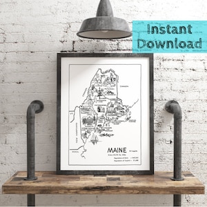 Maine Map druckbare DIGITALE Karte aus den 1950er Jahren, State Wall Art zum sofortigen DOWNLOAD