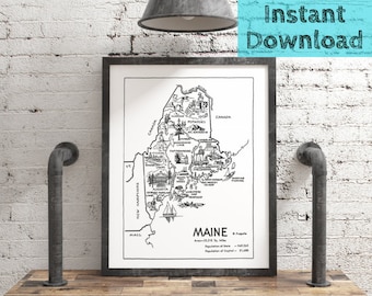 Maine Map DIGITAL Printable Map from 1950s, State Wall Art Maine Print Instant DOWNLOAD