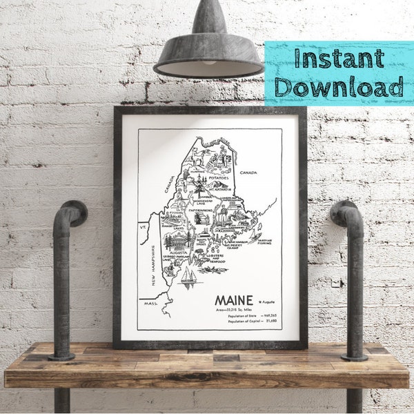 Maine Map DIGITAL Printable Map from 1950s, State Wall Art Maine Print Instant DOWNLOAD