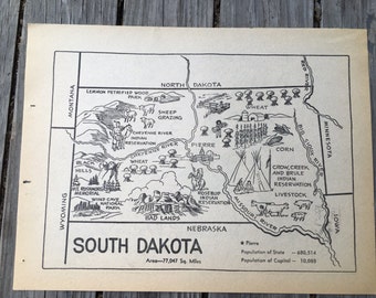 Vintage South Dakota Map Coloring Book Page, 1950s Map Illustration