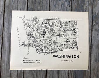 Washington Map Coloring Book Page, Original Washington State Wall Art, Vintage Map Decor