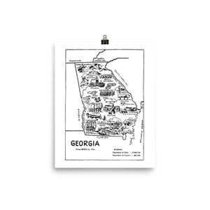 May include: A black and white line drawing of the state of Georgia. The map includes various symbols representing the state's agricultural products, such as peaches, pecans, cotton, and watermelons. The map also includes symbols representing the state's cities, such as Atlanta, Savannah, and Macon. The map is labeled "Georgia" and includes the state's area and population.