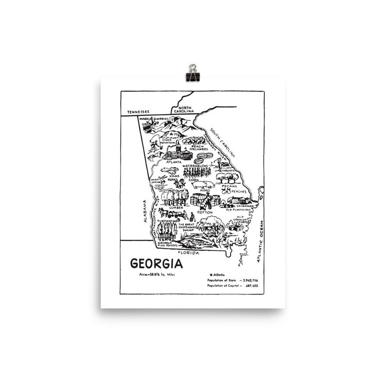 May include: A black and white line drawing of the state of Georgia. The map includes various symbols representing the state's agricultural products, such as peaches, pecans, cotton, and watermelons. The map also includes symbols representing the state's cities, such as Atlanta, Savannah, and Macon. The map is labeled "Georgia" and includes the state's area and population.