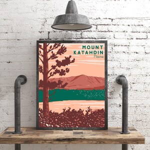 Mount Katahdin Maine Art Print, Retro Mountain Travel Poster