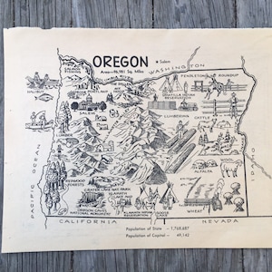 Vintage Oregon Map Coloring Book Page, Antique State Home Decor