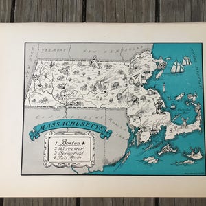 Arte antiguo del mapa de Massachusetts, regalo estatal ilustrado vintage
