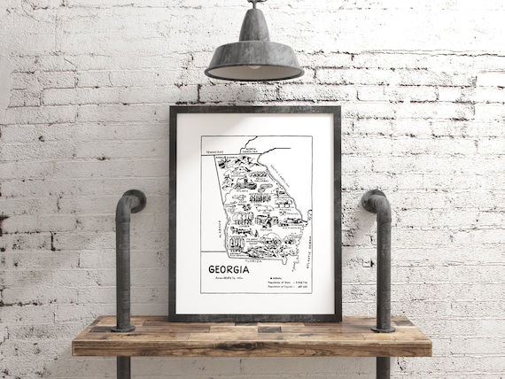 Vintage Georgia Map Wall Art, State Poster in Black and White