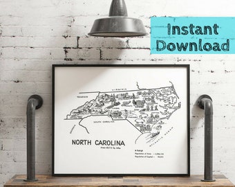May include: Black and white illustrated map of North Carolina with the state's name and area in square miles. The map includes various landmarks and points of interest, such as the Outer Banks, the Blue Ridge Mountains, and the city of Raleigh. The map is framed in a black frame and is displayed on a wooden shelf.