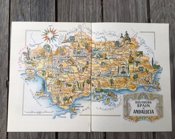 Southern Spain Map World Travel Art, Vintage Book Illustration of Andalusia