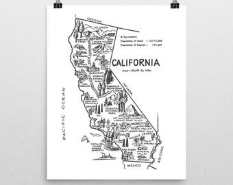 Vintage California Map Poster, Nursery Art or Kids Decor