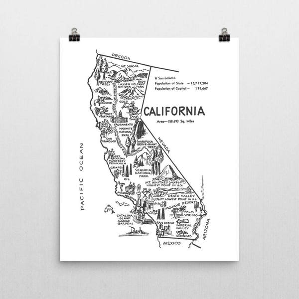 California Print, Vintage California Map Poster Travel Decor, Nursery Art or Going Away Gift